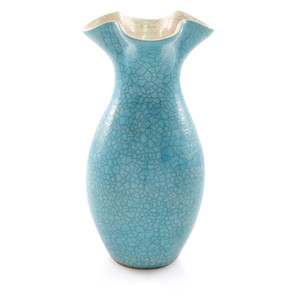 Turquoise Crackle Fluted Top Pottery Vase Made in USA